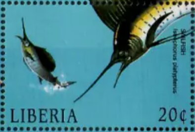 Stamp, Istiophorus platypterus, Liberia,  , Animals (Fauna), Fishes, Sea Life