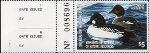 Stamp with Attached Label, Common goldeneye (Bucephala clangula), Minnesota (MN),  , Animals (Fauna), Birds, Ducks, Hunting