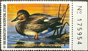 Stamp with Collectible Margin, Gadwall (Anas strepera), Minnesota (MN),  , Animals (Fauna), Birds, Ducks, Hunting