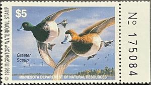 Stamp with Collectible Margin, Greater scaup (Aythya marila), Minnesota (MN),  , Animals (Fauna), Birds, Ducks, Hunting