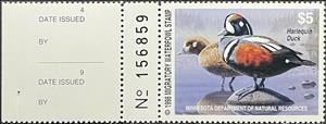 Stamp with Attached Label, Harlequin duck (Histrionicus histrionicus), Minnesota (MN),  , Animals (Fauna), Birds, Ducks, Hunting