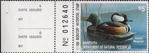 Stamp with Attached Label, Hooded merganser (Lophodytes cucullatus), Minnesota (MN),  , Animals (Fauna), Birds, Ducks, Hunting