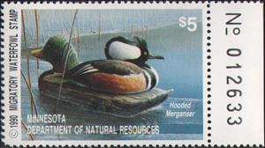 Stamp with Collectible Margin, Hooded merganser (Lophodytes cucullatus), Minnesota (MN),  , Animals (Fauna), Birds, Ducks, Hunting
