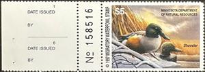 Stamp with Attached Label, Northern shoveler (Spatula clypeata), Minnesota (MN),  , Animals (Fauna), Birds, Ducks, Hunting
