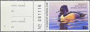 Stamp with Attached Label, Ring-necked duck (Aythya collaris), Minnesota (MN),  , Animals (Fauna), Birds, Ducks, Hunting