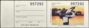 Stamp with Attached Label, Common goldeneye (Bucephala clangula), Missouri (MO),  , Animals (Fauna), Birds, Ducks, Hunting