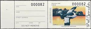 Stamp with Attached Label, Common goldeneye (Bucephala clangula), Missouri (MO),  , Animals (Fauna), Birds, Ducks, Hunting