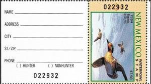 Stamp with Attached Label, Green-winged teal (Anas carolinensis), New Mexico (NM),  , Animals (Fauna), Birds, Ducks, Hunting