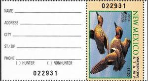 Stamp with Attached Label, Green-winged teal (Anas carolinensis), New Mexico (NM),  , Animals (Fauna), Birds, Ducks, Hunting