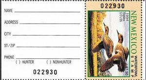 Stamp with Attached Label, Green-winged teal (Anas carolinensis), New Mexico (NM),  , Animals (Fauna), Birds, Ducks, Hunting