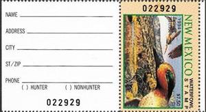 Stamp with Attached Label, Green-winged teal (Anas carolinensis), New Mexico (NM),  , Animals (Fauna), Birds, Ducks, Hunting