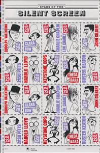 Stamp with Collectible Margin, Silent Screen Stars (half pane of 20), United States of America,  , Actors, Cartoons, Famous People, Headgear, Men, Stylized Figures / Persons, Women