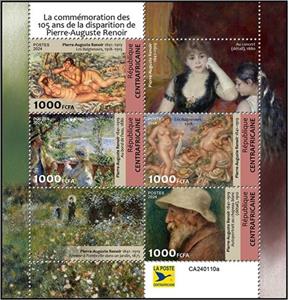 Mini Sheet, 105th Anniversary of the Death of Pierre Auguste Renoir, Central African Republic,  , Anniversaries and Jubilees, Painters