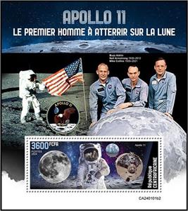 Souvenir Sheet, Apollo 11, Central African Republic,  , Anniversaries and Jubilees, Astronauts, Outer Space, Space Traveling, Космический корабли
