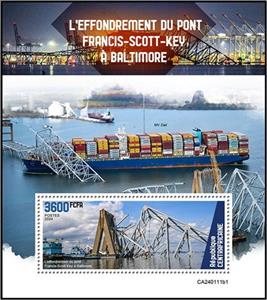 Souvenir Sheet, Francis Scott Key Bridge in Baltimore, Central African Republic,  , Bridges, Disasters