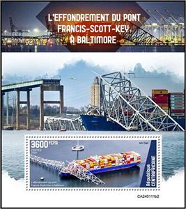 Souvenir Sheet, Francis Scott Key Bridge in Baltimore, Central African Republic,  , Bridges, Disasters