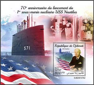 Souvenir Sheet, Hyman G. Rickover (1900–1986), Djibouti,  , Anniversaries and Jubilees, Submarines