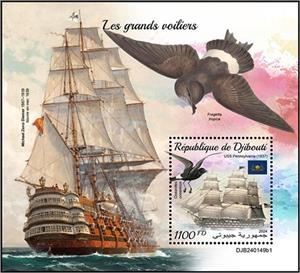 Souvenir Sheet, USS Pennsylvania (1837), Djibouti,  , Sailing Ships