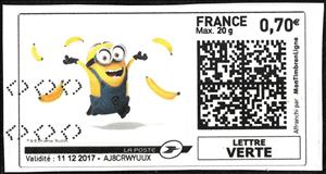 Stamp, Minion with Bananas, France,  , Cartoons, Fruits and Berries, Movies