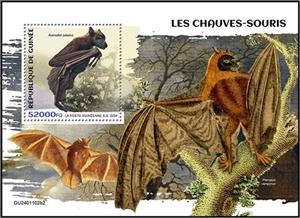 Souvenir Sheet, Acerodon jubatus, Guinea,  , Animals (Fauna), Bats