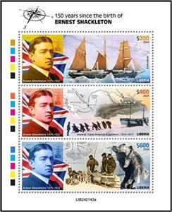 Mini Sheet, 150th Anniversary of the Birth of Ernest Shackleton, Liberia,  , Anniversaries and Jubilees, Explorers, Famous People