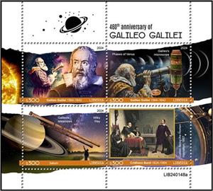 Mini Sheet, 460th Anniversary of of the Birth of Galileo Galilei, Liberia,  , Anniversaries and Jubilees, Astronomers, Famous People