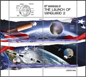 Mini Sheet, 65th Anniversary of the Launch of Vanguard 2, Liberia,  , Anniversaries and Jubilees, Outer Space, Space Traveling, Космический корабли