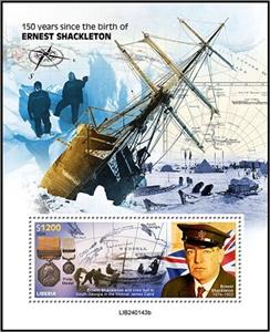 Souvenir Sheet, Ernest Shackleton (1874–1922), Liberia,  , Anniversaries and Jubilees, Explorers, Famous People