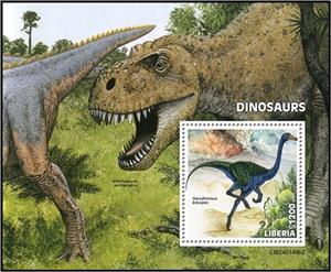 Souvenir Sheet, Garudimimus brevipes, Liberia,  , Animals (Fauna), Dinosaurs, Prehistoric Animals, Prehistory, Reptiles