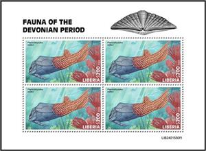 Se-tenant, Pterichthyodes milleri, Liberia,  , Animals (Fauna), Prehistoric Animals, Prehistory