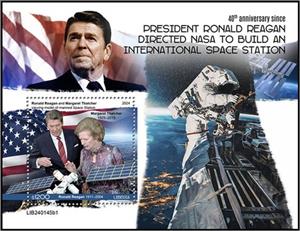 Souvenir Sheet, Ronald Reagan and Margaret Thatcher, Liberia,  , Anniversaries and Jubilees, Famous People, Heads of State, Outer Space, Space Traveling, Космический корабли