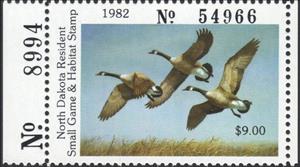 Stamp with Collectible Margin, Canada goose (Branta canadensis), North Dakota (ND),  , Animals (Fauna), Birds, Geese, Hunting