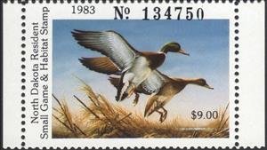 Stamp with Collectible Margin, Mallard (Anas platyrhynchos), North Dakota (ND),  , Animals (Fauna), Birds, Ducks, Hunting