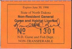Stamp, Non-Resident General Game and Habitat License, North Dakota (ND),  , Hunting