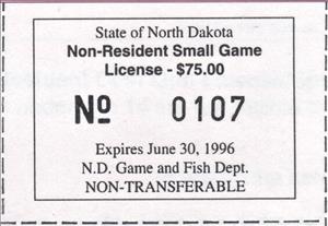 Stamp, Non-Resident Small Game License, North Dakota (ND),  , Hunting