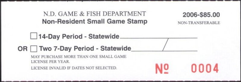 Stamp, Non-Resident Small Game Stamp, North Dakota (ND),  , Hunting