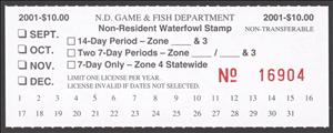 Stamp, Non-Resident Waterfowl Stamp, North Dakota (ND),  , Hunting