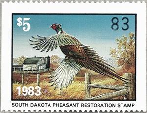 Stamp, Pheasant flying over fence, South Dakota (SD),  , Animals (Fauna), Birds, Hunting, Pheasants