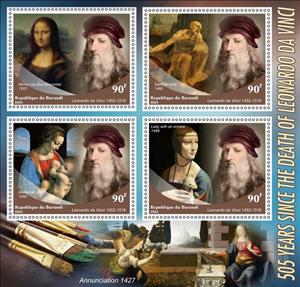 Mini Sheet, Leonardo da Vinci 505th Death Anniversary, Burundi,  , Anniversaries and Jubilees, Famous People, Изобретатели, Painters, Paintings