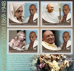 Mini Sheet, Mahatma Gandhi, Burundi,  , Famous People, Human Rights, Humanists