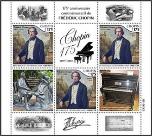 Mini Sheet, 175th Anniversary of the Death of Frederic Chopin, Central African Republic,  , Anniversaries and Jubilees, Composers
