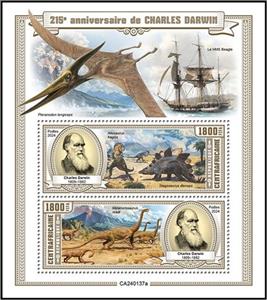 Souvenir Sheet, 215th Anniversary of the Birth of Charles Darwin, Central African Republic,  , Anniversaries and Jubilees, Explorers