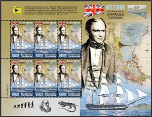Mini Sheet, 215th Anniversary of the Birth of Charles Darwin, Central African Republic,  , Anniversaries and Jubilees, Explorers