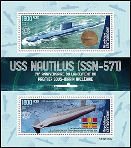 Souvenir Sheet, 70th Anniversary of the Launch of USS Nautilus, Central African Republic,  , Anniversaries and Jubilees, Submarines