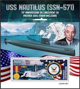 Souvenir Sheet, USS Nautilus (SSN-571), Central African Republic,  , Anniversaries and Jubilees, Submarines
