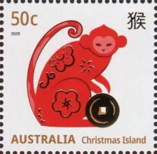 Stamp, Monkey, Christmas Island,  , Animals (Fauna), Chinese New Year, Chinese Zodiac, Mammals, Monkeys, Stylized Animals