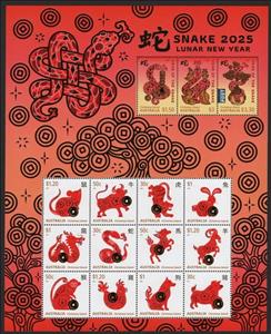 Mini Sheet, Year of the Snake 2025, Christmas Island,  , Cattle, Chinese New Year, Chinese Zodiac, Dogs, Dragons, Horses, Roosters and Chickens, Snakes
