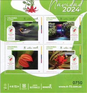 Souvenir Sheet, Christmas 2024 : Bogotá Botanical Garden, Colombia,  , Birds, Christmas, Flowers, Gardens, Waterfalls