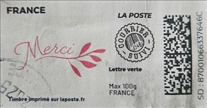 Stamp, Merci without Laposte logo. courrier suivi, France,  , Greetings