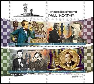 Mini Sheet, 140th Anniversary of the Death of Paul Morphy, Liberia,  , Anniversaries and Jubilees, Chess